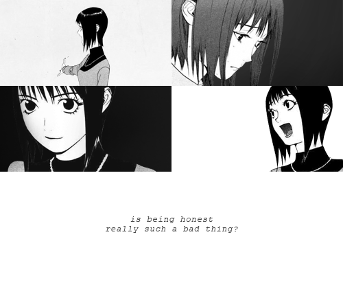 kanzakinao:   manga meme (1/6 female characters) ;   “i had always believed that trusting others was ‘good’ and doubting others was ‘bad’. but because of this, i never really got to know my friends. even though we were able to make conversation