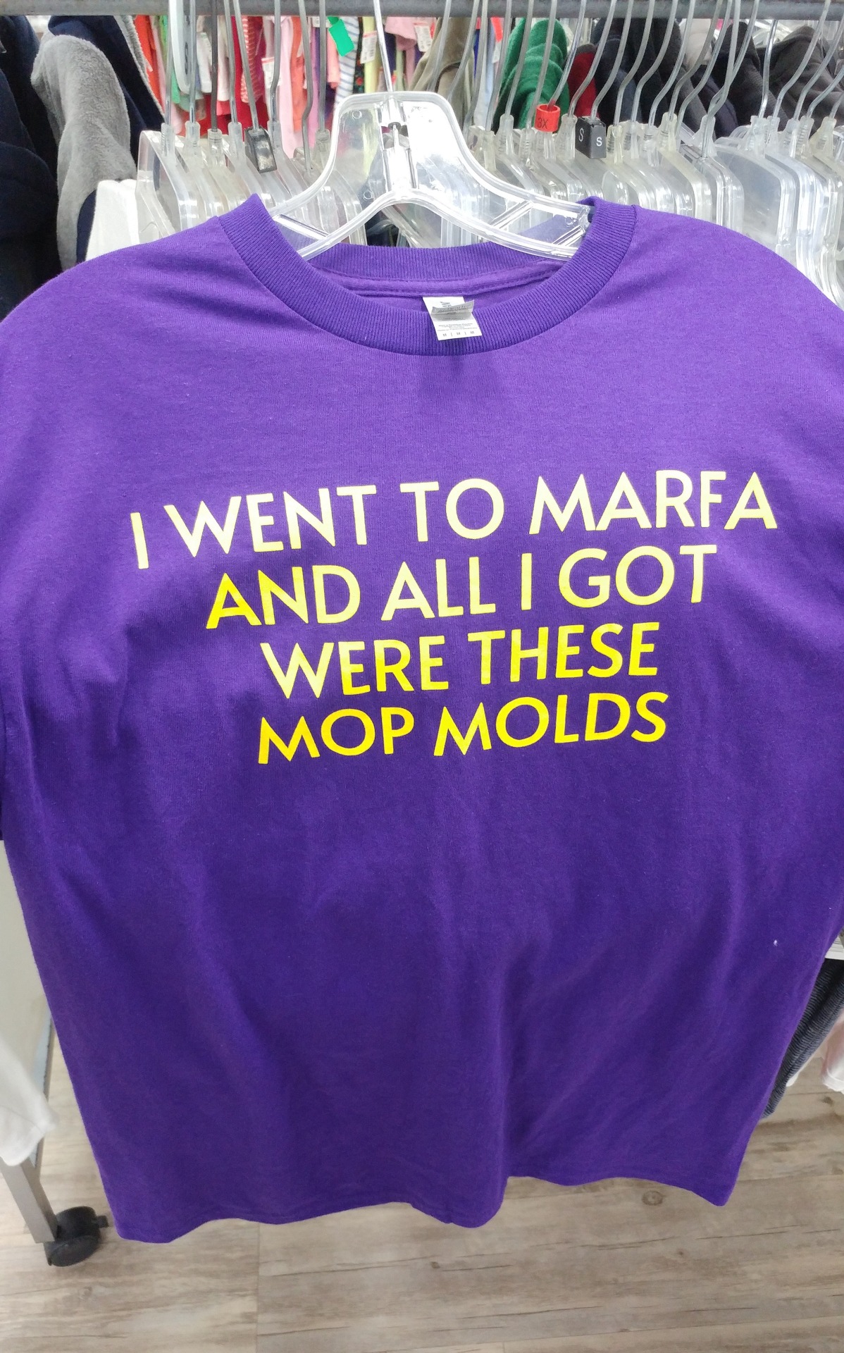 Purple t-shirt with yellow text that reads "I went to marfa and all I got were these mop molds"