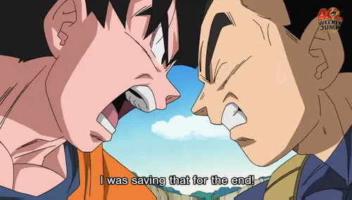duvete:    yum!  VEGETA’S FACE.   I don’t think Goku’s very sorry.  OMG VEGETA WAOUHAGUAUh;dsuaga;uhga;uga DYING.               
