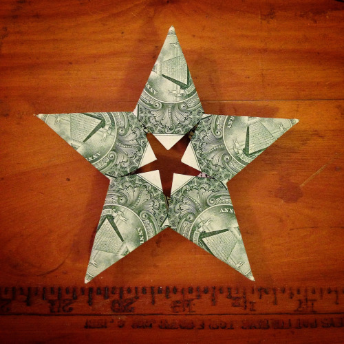 If you’re going to give someone cash as a gift, here’s a creative twist: Fold the currency into some interesting shape(s).
To make this star:
I (mollyblock) used this tutorial – posted on YouTube by Sweetfire Creations – as a guide for folding bills...