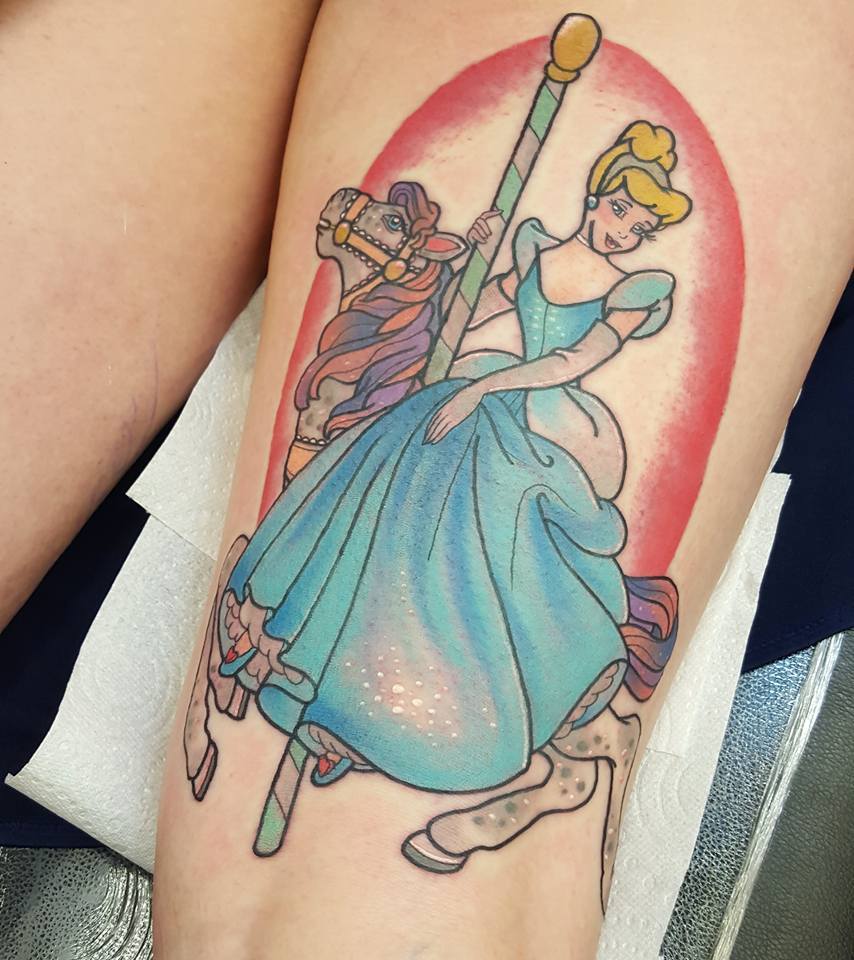 fuckyeahtattoos:  Cinderella on the back on my thigh by the amazing Paula Castle