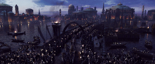 gffa: gffa:  Star Wars: Revenge of the Sith | Padme’s funeral on Naboo | Concept Art vs Screen Huge solemn crowds line Palace Plaza in Theed, the capital of Naboo, as six beautiful white gualaars draw a flower-draped open casket bearing the remains
