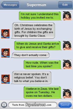 daily-superheroes:  Superman explains Christmas to Wonder Woman.http://daily-superheroes.tumblr.com/