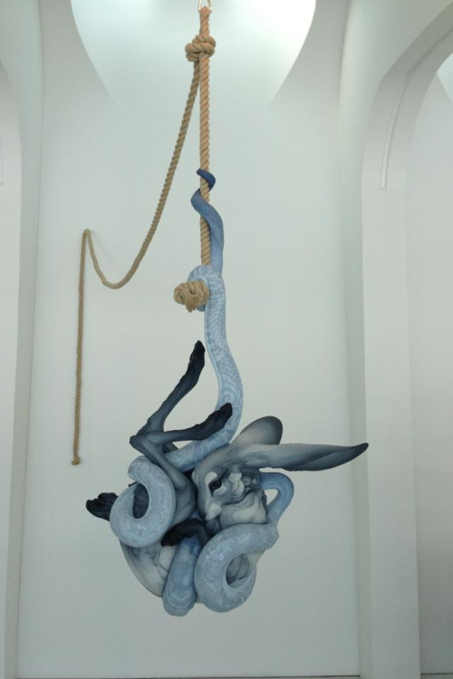 rfmmsd: Artist & Ceramicist: Beth Cavener Stichter  Painted Tattoo Design: Alessandro Gallo “Tangled Up in You” Stoneware, Ink, Paint, Rope. Total Installation height: 15 Feet from the Top Rope Knot to the Floor Total Height of the Intertwined