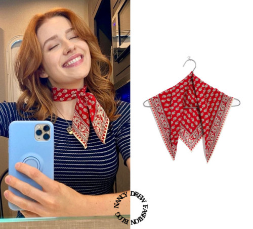 Who: Kennedy McMann as Nancy DrewWhat: Madewell Bandana in Tropical Coral - $12.50Where: BTS Season 