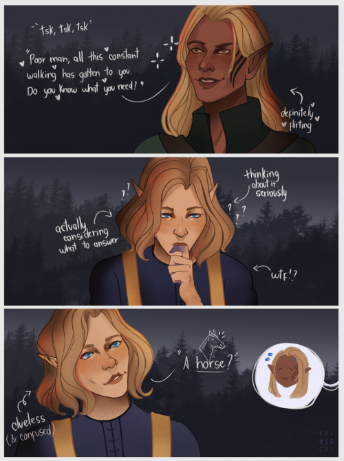 curiouslavellan:friberchi: “A little late for that, I should think”  [ID: A 3 panel comi