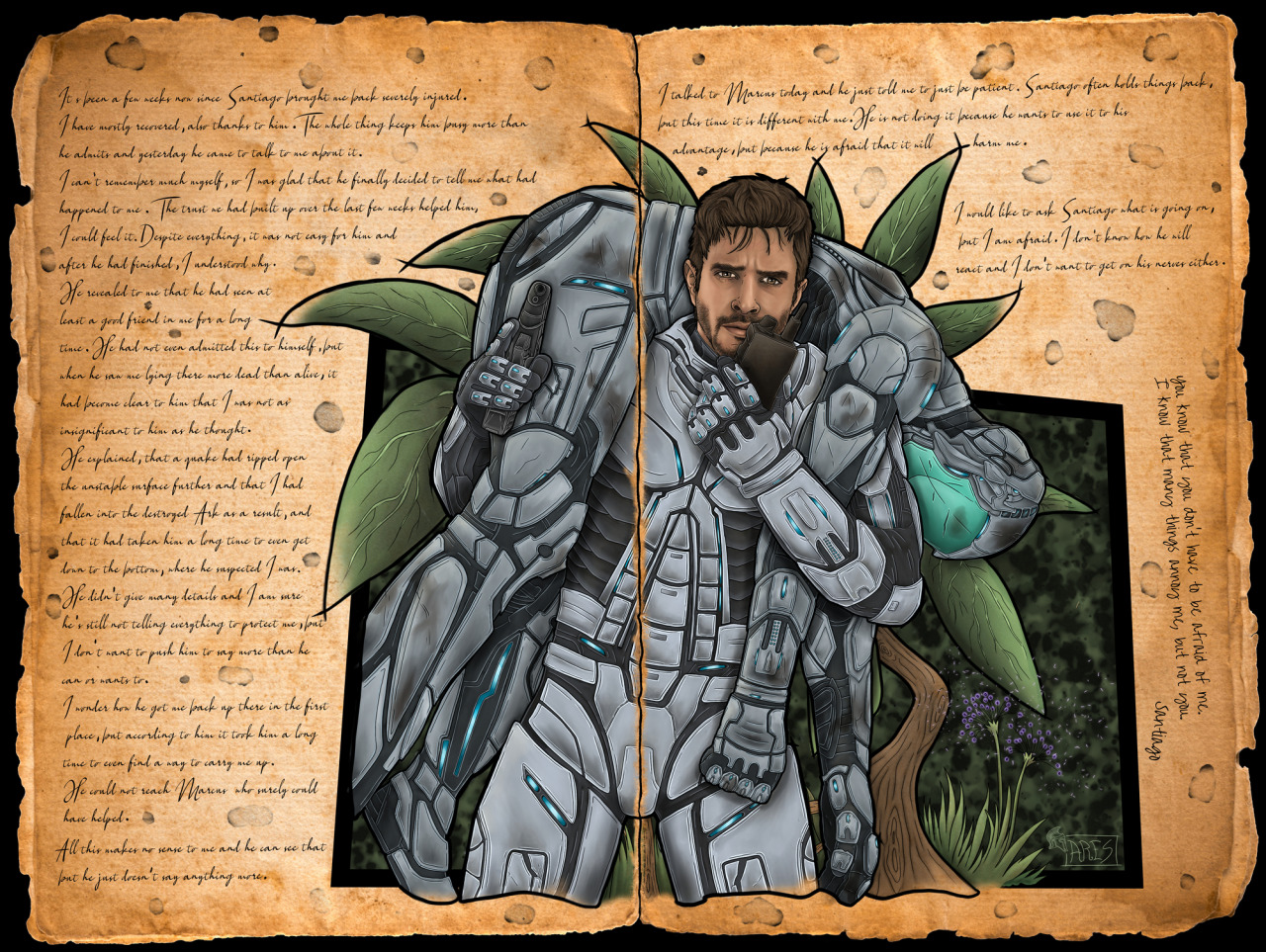 Finished the next journal entry of Jamies journal. This one followes directly the Reunion entry and will have another follow up where more will be revealed.
Jamies Journal Reunion: www.deviantart.com/vahilor/art… #Ark Survival Evolved #human#man#male#Jamie#Santiago#Tek#Tek Armor#art#drawing#digital#journal#playark