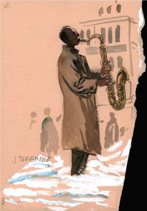 Tribute to Jazz.   -    Jacques Ferrandez Algerian,b.1955-Illustration in watercolor and gouache , 2