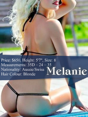 Charming and graceful model Melanie is definitely expressible in one line as Drop Dead Gorgeous Bombshell. An alluring model escort with proportionate vital statistics and a hourglass figure that reminds of Marilyn Monroe this stunning beauty of Australia