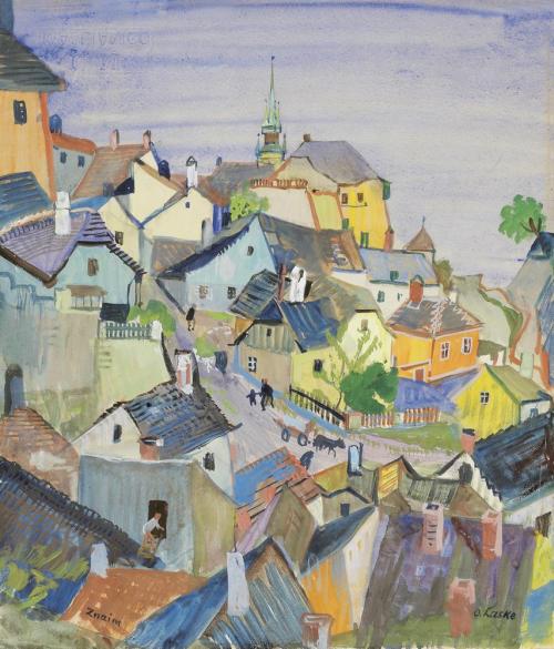 Znojmo  -   Oskar LaskeAustrian, 1874 - 1951 Mixed media on paper, 49.5 x 42.5 cm.