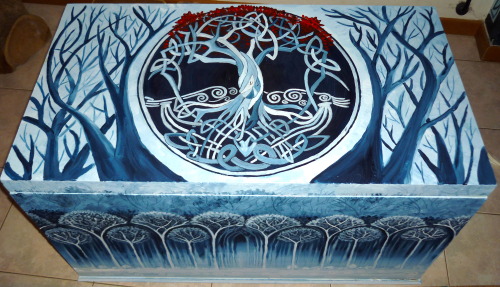 wormholepaintings:Wooden chest painted with acrylics, inspired to The Secret of Kells (aand a little