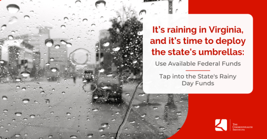 Image shows a view of the street through a rain-soaked windshield with the following wording: "It's raining in Virginia, and it's time to deploy the state's umbrellas. Use available federal funds. Tap into the state's rainy day funds."