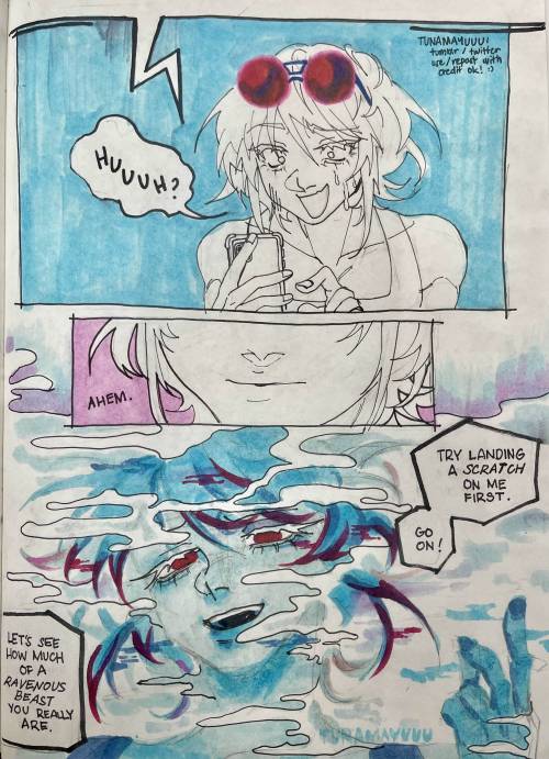 A three-panel comic in response to the ask.
Panel one shows a shocked Jouno, who is looking at his phone as the message is read out loud to him through a screen reader. He says, "Huh?"
Panel two shows a close-up of the bottom half of his face, with an "Ahem" written effect.
Panel three shows him smiling coyly at the camera, while using his ability to dissolve himself into smoke. He says, "Try landing a scratch on me first. Go on! Let's see how much of a ravenous beast you really are." as if to challenge the asker.