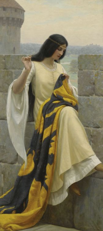 elpasha71:  the lady prepares for a knight to go to war (Edmund Leighton, 1911)