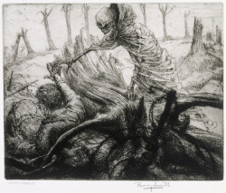  Percy Delf Smith, The Dance of Death (1914-1918) This portfolio of 7 etchings features Death as a tangible image hovering ominously over the battlefield. The concept of dance of Death imagery began as a medieval allegory on the universality of death