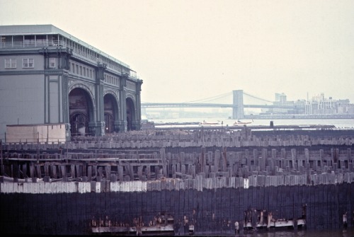 Staten Island Ferry Terminal With Brooklyn Bridge in the Distance, New York City, 1972.