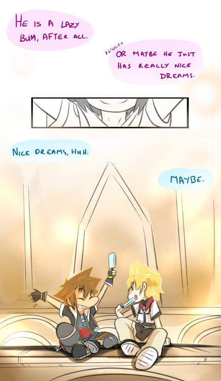 renrink:  AU where all Sora needs to do is simply fall asleep to be able to visit the hearts sleeping inside of him. *w* 