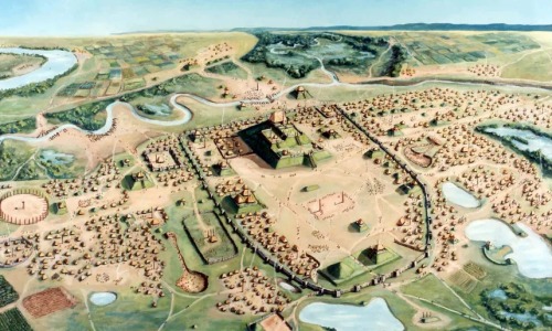 Cahokia in modern-day Illinois (left), what it may have looked like (center, right). Monk’s Mound is