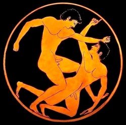 uranist-art:   Céramique à figures rouges / Red Figure  Pottery – Grèce Antique (VIe-IIIe siècle av.JC) 2/3  Détail d’une coupe antique représentant deux athlètes pratiquant la lutte (par Epictétos) / Detail of ancient Greek cup with two athletes