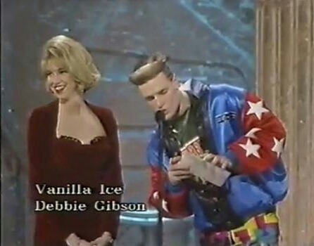 promisesbutterthebread:Vanilla Ice + Debbie Gibson present a Grammy Award to Mariah Carey, 1991