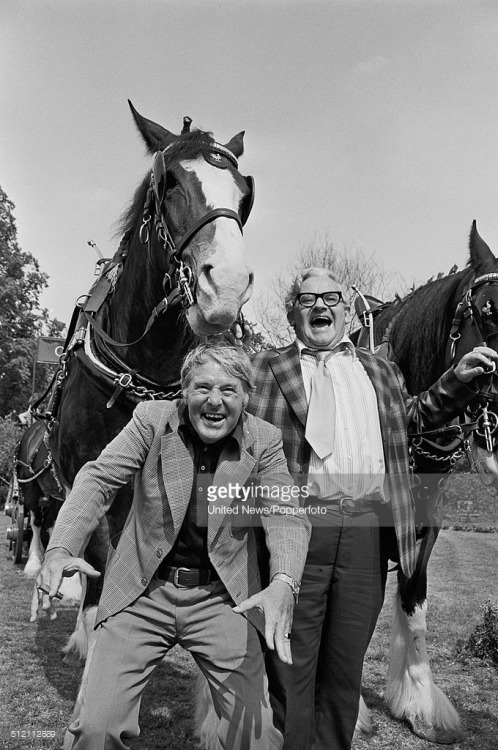 Ernie Wise with Ronnie Barker and two Courage brewery Shire horses during a BBC television press cal