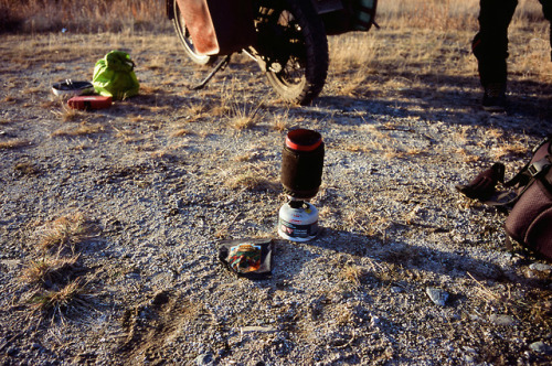 Stopping for a coffee break somewhere on the Alaskan Highway with coffee we stole from a motel