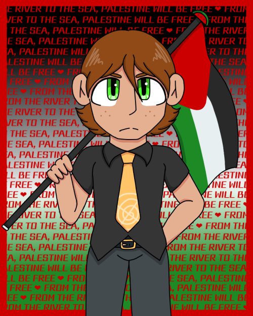 Digital art of Kyoji Moriai from Danganronpa: Darkened Hope. He is depicted from the knees up, staring down the camera with a serious expression. One hand is held behind his back, while the other is holding a large Palestine flag. The tip of the flag is something resembling a watermelon slice. Kyoji is lacking the flag bandanas around his arms. The background of the piece is a gradient of black to white to green, with red text reading in all caps, "From the river to the sea, Palestine will be free." There is also a red frame around the canvas.