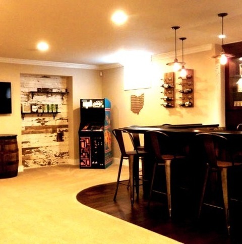 Basement ColumbusBasement - Mid-sized Mid-century Modern Look-out Carpeted Basement Idea With Beige Walls