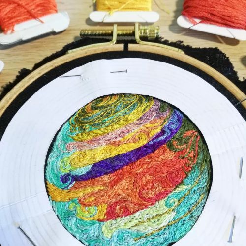  “Saturn”WIP…Third step :- I embroider again the outlines with my metallic thread