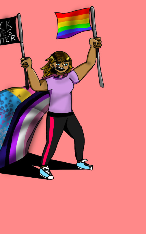 [A Genderfluid And Pansexual Person Marching While Holding A Black Lives Matter Flag And A Pride Flag.