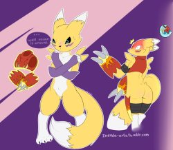 ineeda-arts: 5kindsofmagic requested a Renamon trying Flamedramon’s armor while he isn’t looking. Sadly he got back before she was finished and got caught :( Thanks for rending the request!  X3