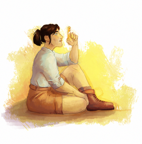 ineskew:dreamingpartone:Mary, inspecting her spyglass lens (for anon)[ID: Fanart of Mary Malone from