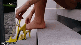 Goddess With Beautiful Feet Trying On Her Favourite Yellow High Heels.
