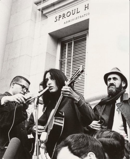 bobdylan-n-jonimitchell:  Joan Baez performing at different College Campuses for the “Free Speech Movement,” 1964.