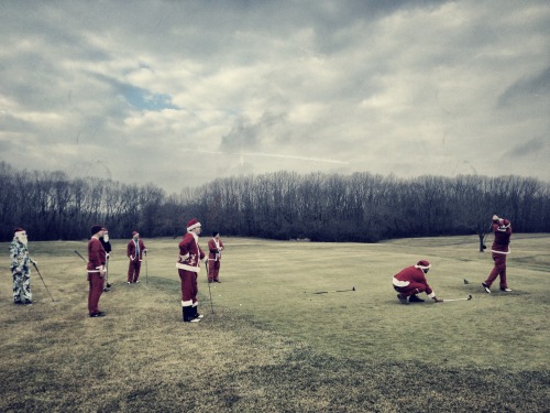 The ceremonial first tee ball kicks off the inaugural Santa Claus Scramble.