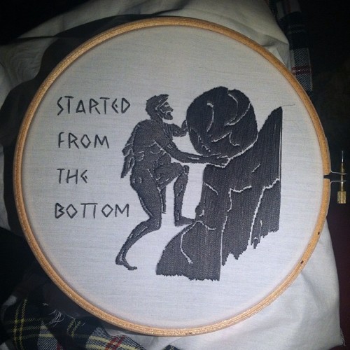 supervelma:Drake and Sisyphus - The world’s first embroidered Greek mythology/rap mash-up… I mean, I