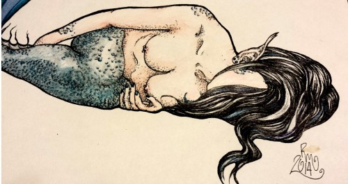 ryefaceupintherain:  Crapy cell phone pic. Buuuut I drew a mermaid character of kweenie! Her hair was so fun to draw. And the pose just said she needed to be blue. Hope you like it! If you wanna be a mermaid too just message me. 