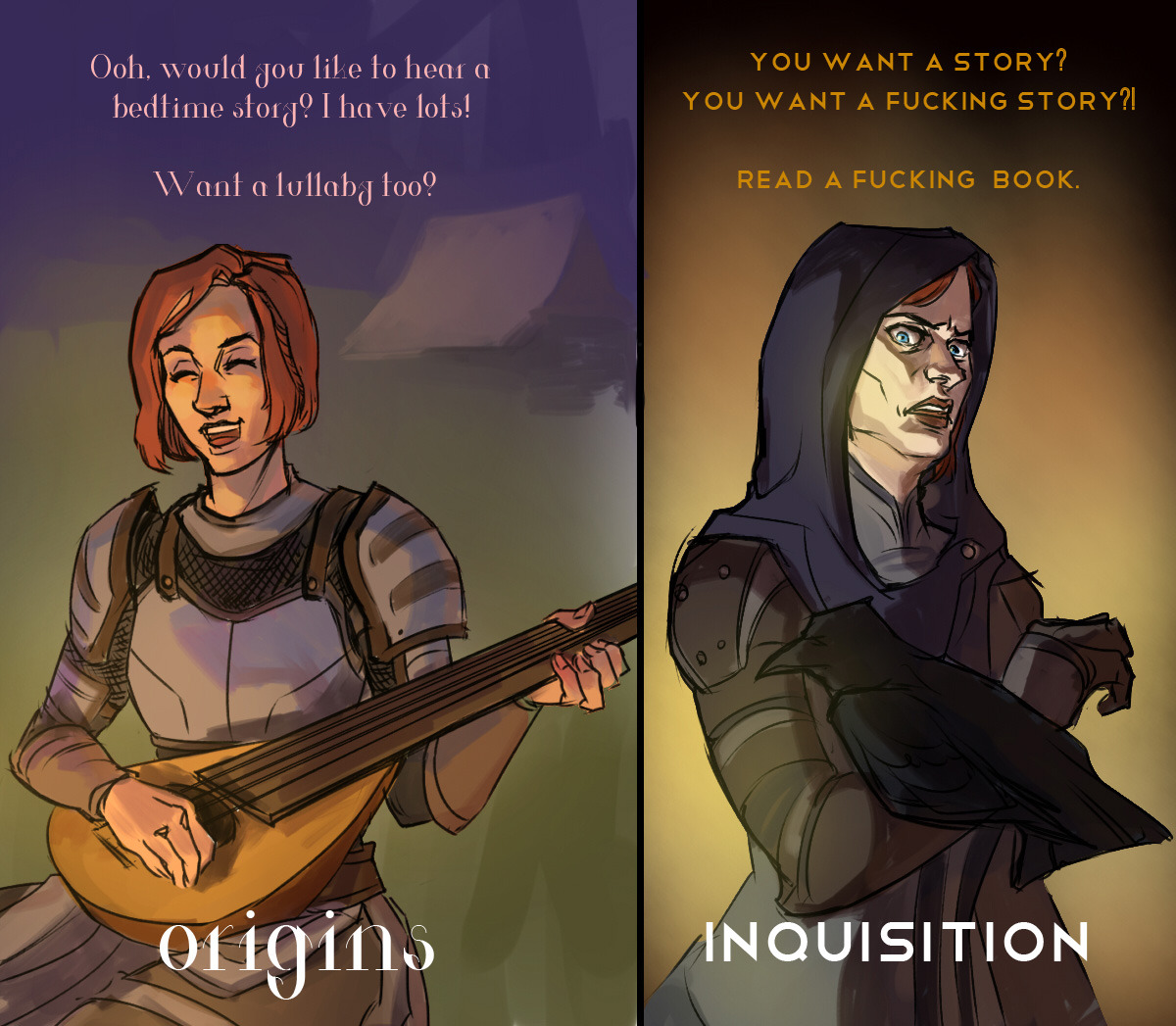 payroo:  origins leliana vs. inquisition leliana as meh as i am about the (off-screen)