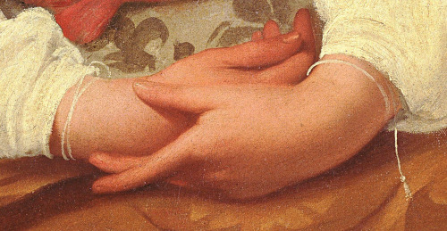 caravaggista:  Caravaggio, Details from the Penitent Magdalene (c. 1594/5), Galleria Doria Pamphilj.