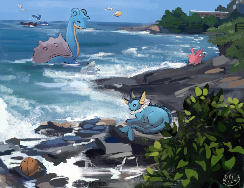 Was working on some ocean painting studies and thought they looked boring so I added pokemon