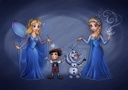 daekazu:Blue Fairy and Pinocchio + Olaf and Elsa (from the Frozen)