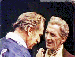 vincentpriceonline:Vincent Price & Peter Cushing || Candid/on the || “Madhouse” || 1973 || 8 gif