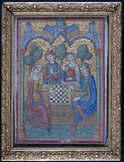 LJS 33 Spanish Forger illumination.Illuminated chess scene painted on a parchment leaf scraped of it