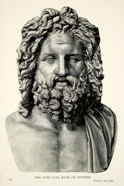hadrian6: The Otri Coli mask of Jupiter. 1899. wood engraving.  ancient Roman god. mythology. &