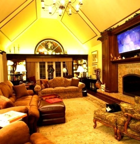 Chicago Family Room Example Of A Large Classic Loft-style Dark Wood Floor Family Room Design With Beige