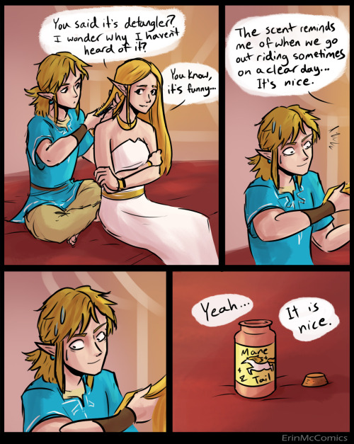 erinmccomics:erinmccomics:Boy heroically puts horse conditioner in princess’s hair without a m