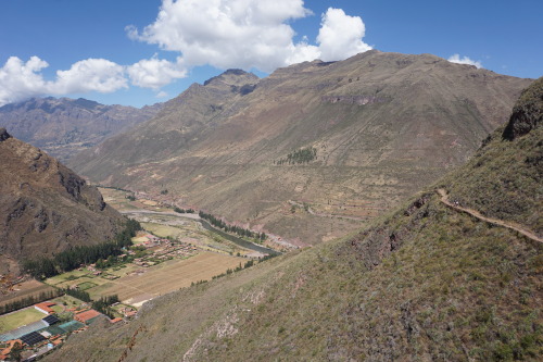 Pisac hike through the archeological site near the town of Pisac in the Sacred Valley, Peru