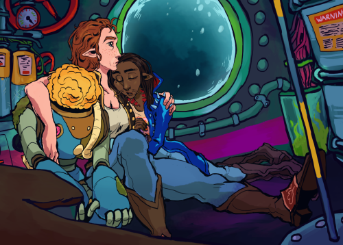 taz-ids: tuherrus:heroes on the way back home[ID: Digital drawing of Zoox, Amber, and Devo, sittin