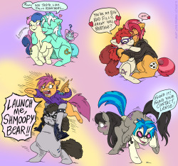 theaudiotorian:twilightsprinkle:  Some Pone Couples by MustLoveFrogs  Who’s the rockin’ pone holding Scoots?  &hellip;yeah I was wondering that too. Was throwin&rsquo; me off. O_o OMG those others though X3 &lt;333 I hadn&rsquo;t considered Babs x