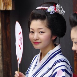 geisha-licious:  Maiko Satsuki in Summer 2013 by @kaicyo_ on Instagram Wearing the Katsuyama hairstyle and a striped yukata with uchiwa fan in her hands, she participated the Gion Matsuri’s parade in Kyoto.